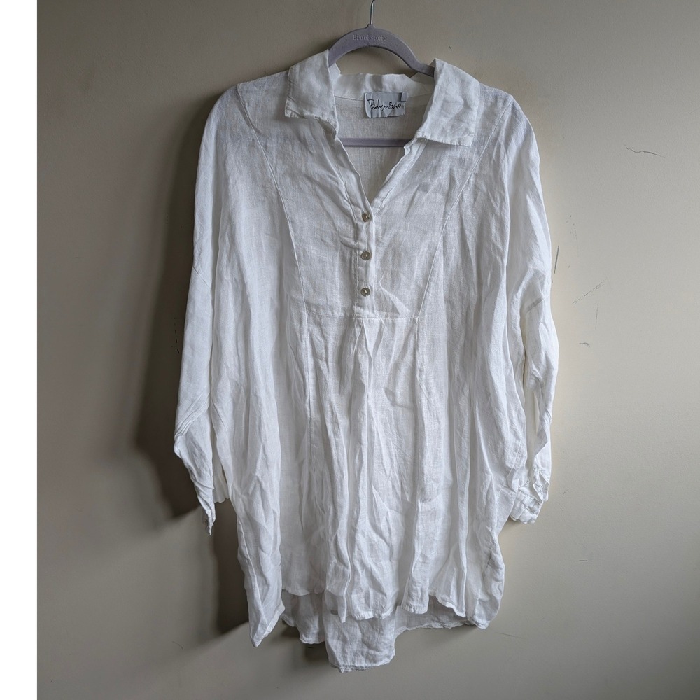 Bohemiana by Bypias White 100% Linen Tunic Top Long Sleeve Button Front One Size
